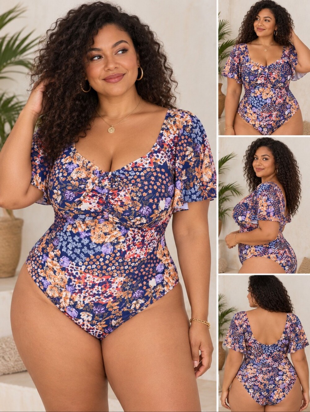 🌟 2/$15 SHEIN Navy Floral One-Piece Swimsuit with Flutter Sleeves